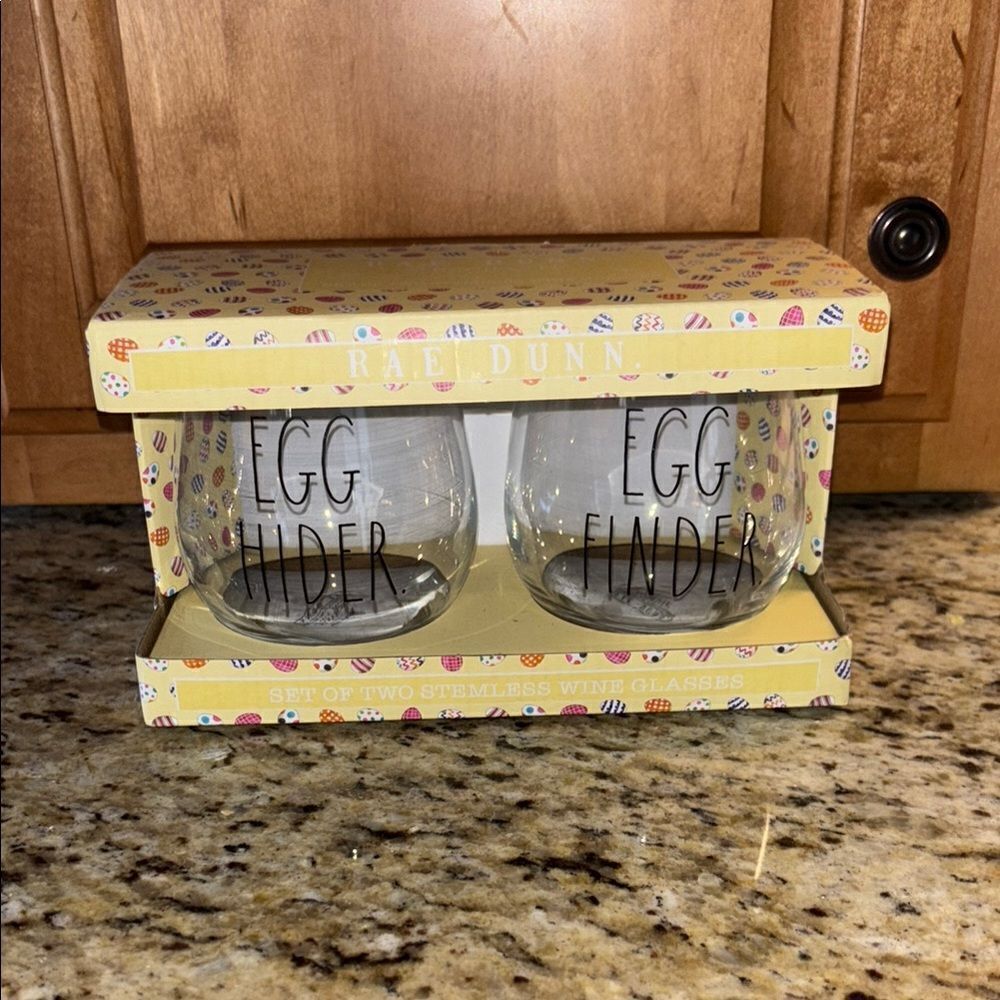 NWT Rae Dunn Egg Hider and Egg Finder Stemless Wine Glasses